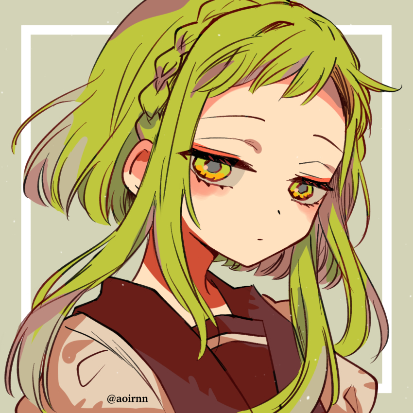 1girl, aoirnn, artist_name, blunt_ends, braid, brown_sailor_collar, close-up, closed_mouth, crown_braid, expressionless, green_background, green_eyes, green_hair, highres, inset_border, jibaku_shounen_hanako-kun, jitome, looking_at_viewer, nanamine_sakura, outside_border, portrait, sailor_collar, shirt, short_bangs, short_hair_with_long_locks, sideways_glance, solo, swept_bangs, white_shirt, wind