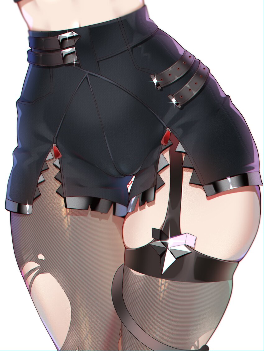1girl, absurdres, black_pantyhose, black_shorts, black_thighhighs, chromatic_aberration, commentary, english_commentary, high-waist_shorts, highres, jane_doe_(zenless_zone_zero), light_particles, lower_body, pantyhose, raituna, shorts, simple_background, single_thighhigh, solo, thick_thighs, thigh_focus, thighhighs, thighs, torn_clothes, torn_pantyhose, torn_thighhighs, white_background, zenless_zone_zero