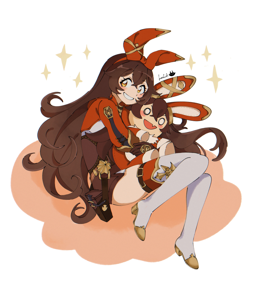 1girl, :d, absurdres, amber_(genshin_impact), baron_bunny_(genshin_impact), belt, belt_bag, belt_pouch