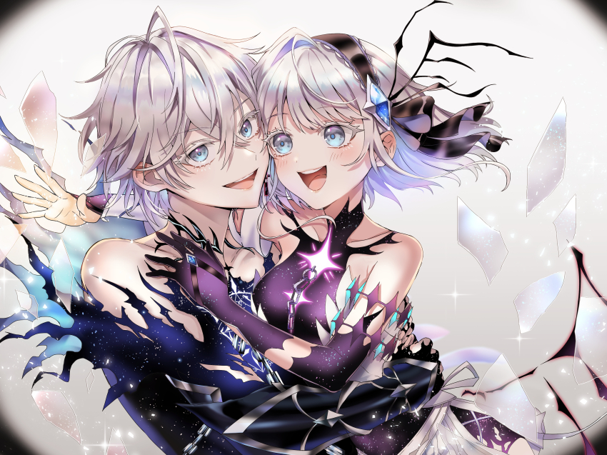 1boy, 1girl, absurdres, blue_hair, brother_and_sister, gauntlets, glass, headband