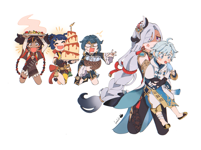 2boys, 3girls, :d, age_difference, anger_vein, artist_name, aunt_and_nephew, basket