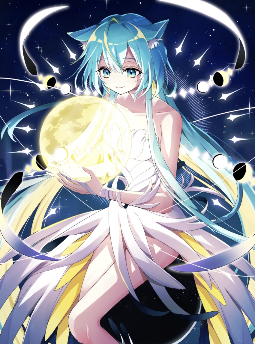 1girl, animal_ears, bare_legs, blue_hair, breasts, cat_ears, cleavage, dress