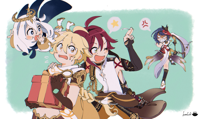 2boys, 2girls, ;d, absurdres, aether_(genshin_impact), anger_vein, angry, arrow_(projectile), artist_name, blank_eyes, border, bow_(weapon), bow_and_arrow_hold, box, chromatic_aberration, clenched_teeth, dot_nose, fleeing, flying_sweatdrops, genshin_impact, gift, gift_box, green_background, hand_on_another's_shoulder, hashibi_(noyasakihashibi), highres, holding, holding_arrow, holding_bow_(weapon), holding_gift, holding_weapon, kujou_sara, motion_lines, multiple_boys, multiple_girls, nervous, one_eye_closed, open_mouth, outside_border, paimon_(genshin_impact), running, salute, shikanoin_heizou, smile, spoken_anger_vein, spoken_star, star_(symbol), sweatdrop, teeth, two-finger_salute, wavy_mouth, weapon, white_border