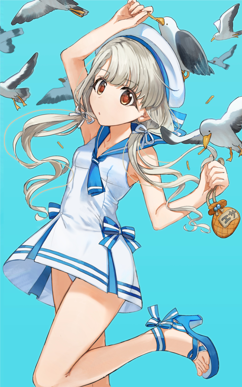 1girl, bare_legs, bird, blue_sailor_collar, breasts, brown_eyes, commission, dress