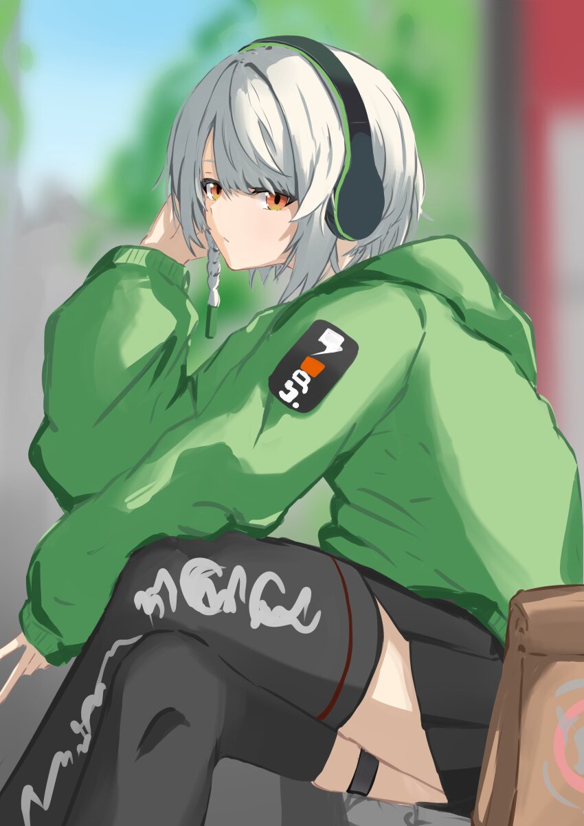1girl, absurdres, alternate_costume, anby_demara, black_skirt, black_thighhighs, braid, feet_out_of_frame, green_jacket, grey_hair, headphones, highres, jacket, long_sleeves, looking_at_viewer, miniskirt, orange_eyes, pleated_skirt, short_hair, shuuka, sitting, skirt, solo, thigh_strap, thighhighs, zenless_zone_zero, zettai_ryouiki