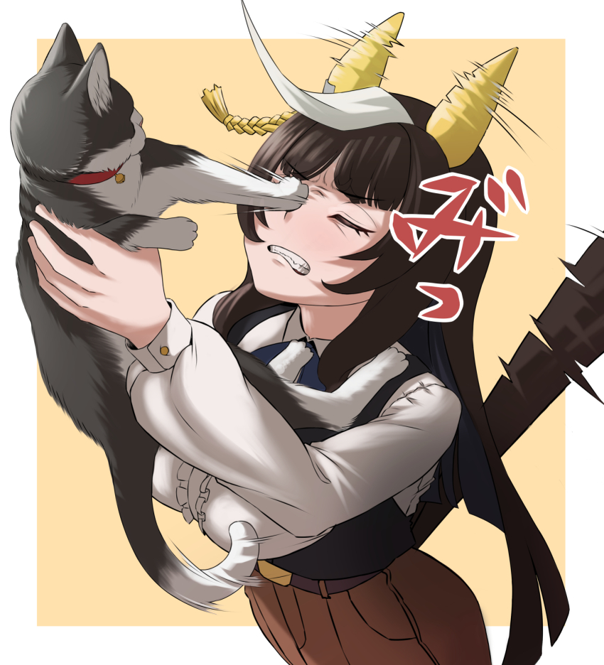 1girl, animal, animal_hands, belt, breasts, brown_hair, brown_pants, calstone_light_o_(umamusume), cat, clenched_teeth, closed_eyes, collar, commentary_request, hands_on_animal, highres, holding, holding_animal, holding_cat, horse_girl, long_hair, long_sleeves, ohmi-wisteria, pants, red_collar, shirt, simple_background, tail, teeth, umamusume, white_shirt, yellow_background