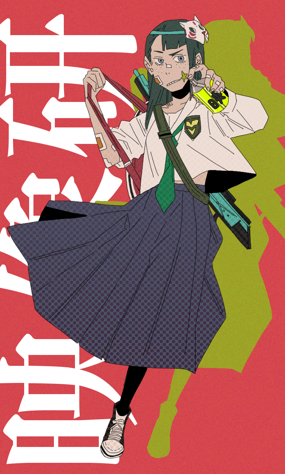 1girl, asymmetrical_bangs, backpack, bag, bandaid, bandaid_on_face, bandaid_on_nose, chinese_commentary