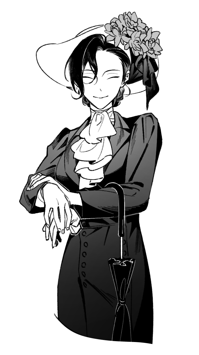 1girl, ascot, closed_mouth, closed_umbrella, coat, commentary_request, deltaa, facing_viewer