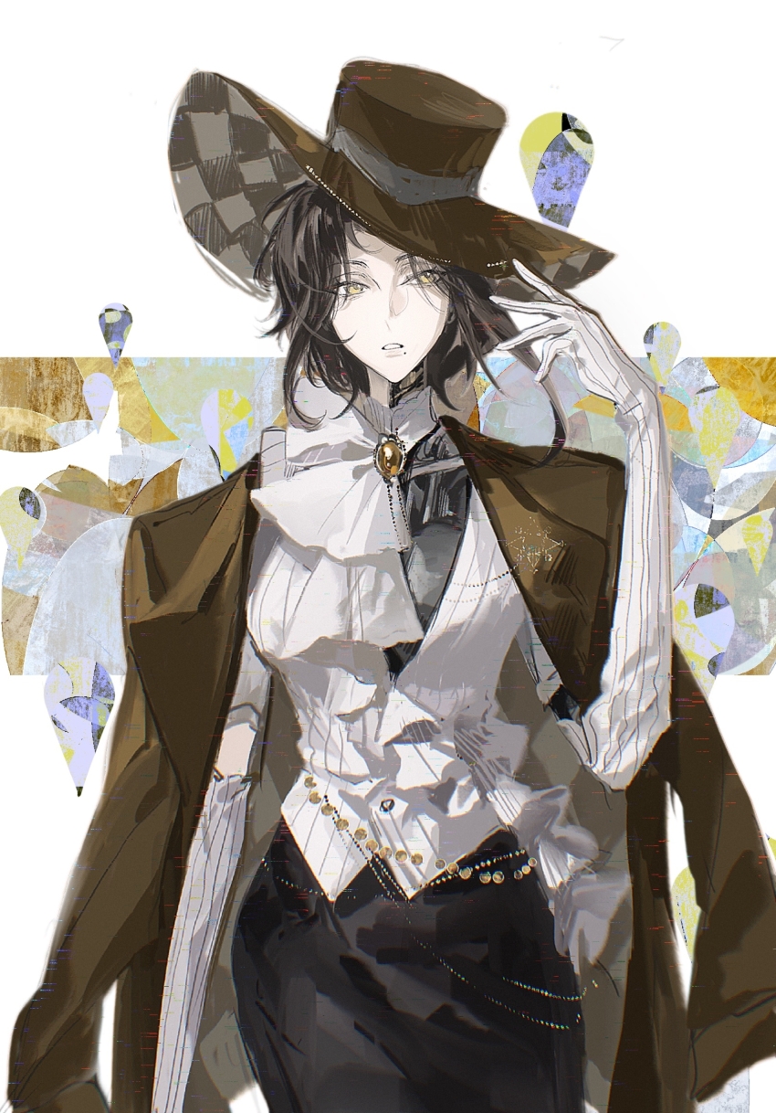 1girl, android, ascot, black_hair, black_skirt, brown_hat, brown_jacket, elbow_gloves