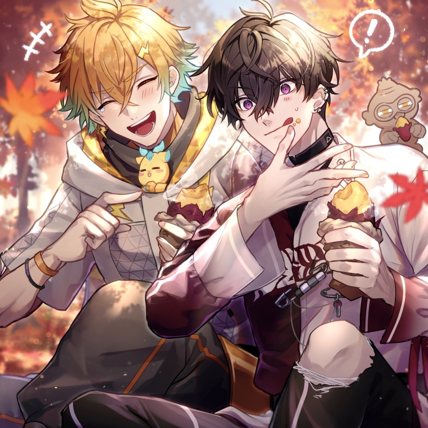 !, 2boys, absurdres, black_hair, black_jacket, blue_hair, bracelet, closed_eyes