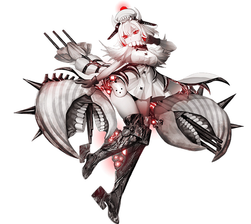 1girl, abyssal_ship, armored_boots, beret, black_gloves, boots, covered_mouth, crab_claw, french_light_cruiser_princess, gloves, hat, horns, hoshiakari_(c2_kikan), kantai_collection, medium_hair, official_art, open_mouth, pale_skin, red_eyes, ship_turret, solo, teeth, thighs