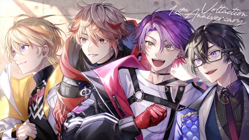 4boys, adjusting_eyewear, anniversary, black-framed_eyewear, black_gloves, black_jacket, black_shirt, black_sweater