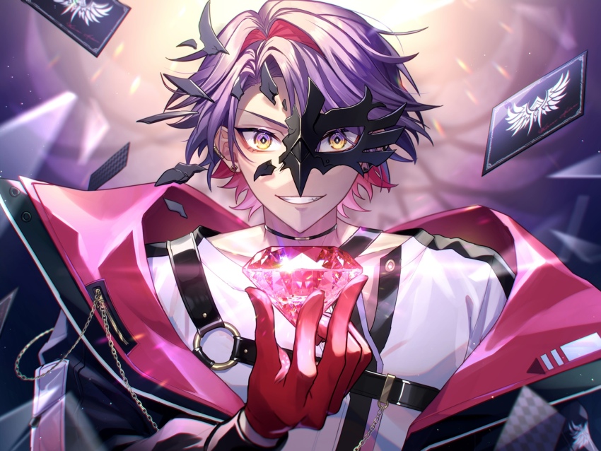 1boy, black_choker, black_jacket, broken_mask, card, chain, chest_harness, choker