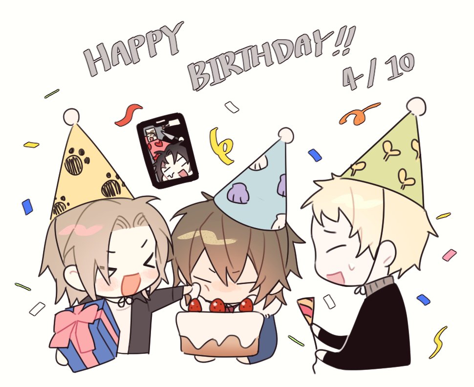 >_<, 5boys, atou_haruki, black_jacket, blank_eyes, blonde_hair, blue_jacket, brown_hair, cake, cellphone, chibi, chibi_only, closed_eyes, commentary_request, confetti, dated, deltaa, dreyfus_zweig, english_text, food, fur-trimmed_jacket, fur_trim, happy_birthday, harada_minoru, hat, holding, holding_cake, holding_food, holding_knife, isoi_reiji, jacket, knife, korean_commentary, long_sleeves, male_focus, multiple_boys, open_clothes, open_jacket, open_mouth, parted_bangs, party_hat, phone, saibou_shinkyoku, shinano_eiji, shirt, smile, teardrop, white_shirt