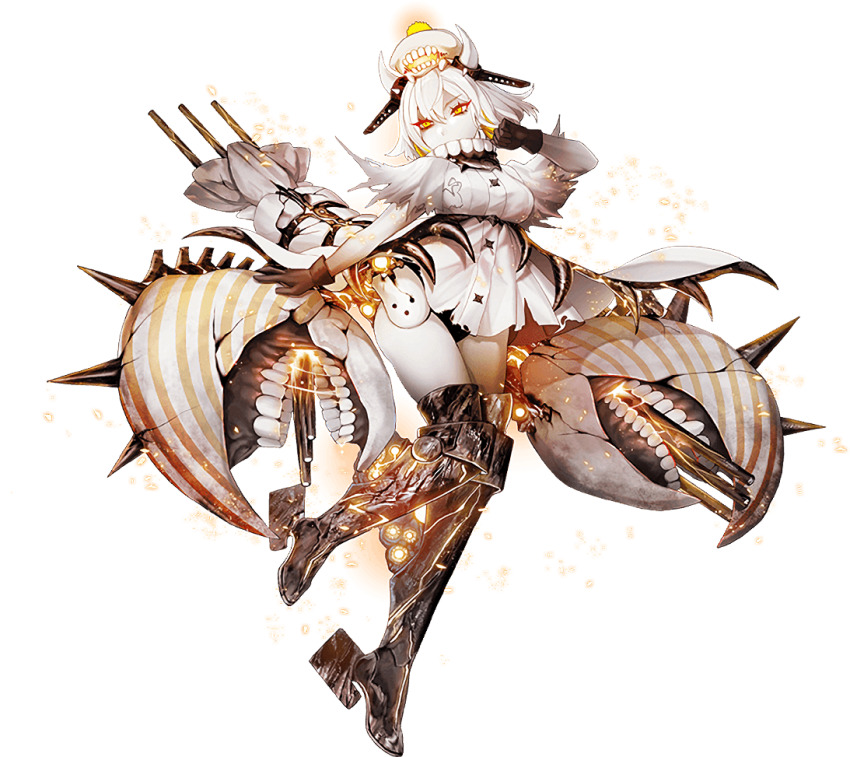 1girl, abyssal_ship, armored_boots, beret, black_gloves, boots, covered_mouth, crab_claw