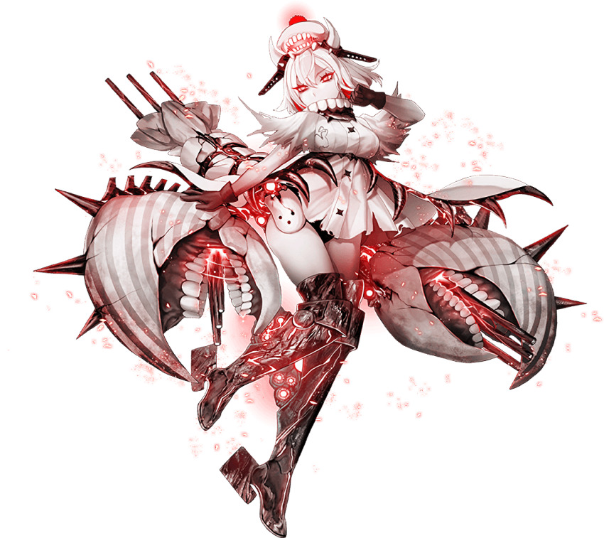 1girl, abyssal_ship, armored_boots, beret, black_gloves, boots, covered_mouth, crab_claw, french_light_cruiser_princess, gloves, hat, horns, hoshiakari_(c2_kikan), kantai_collection, medium_hair, official_art, open_mouth, pale_skin, red_eyes, ship_turret, solo, teeth, thighs