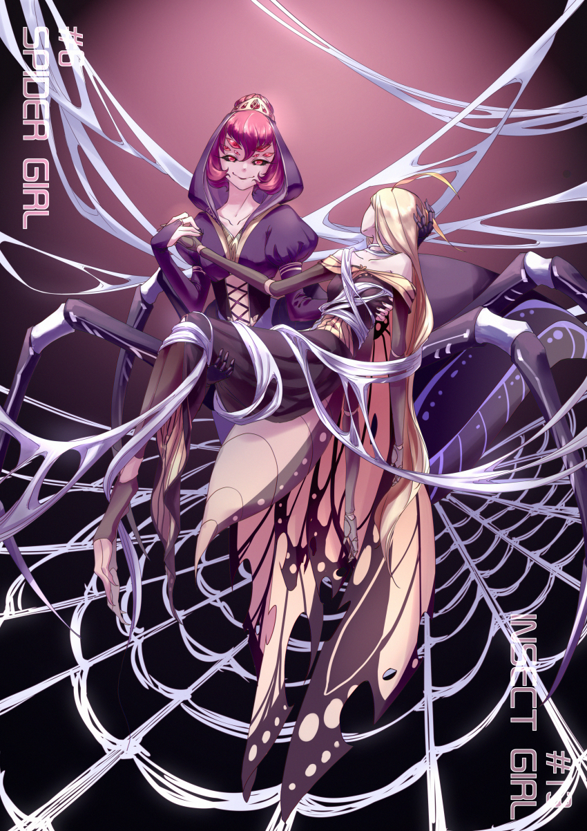 2girls, absurdres, arachne, arm_around_another's_back, arthropod_girl, arthropod_limbs, arthropod_tail, black_carapace