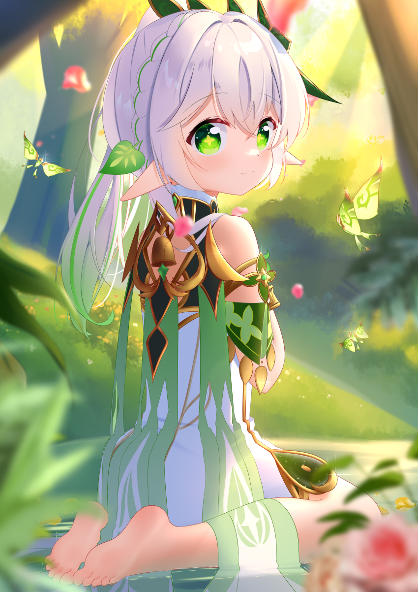 1girl, absurdres, bare_shoulders, barefoot, cape, commentary_request, crystalfly_(genshin_impact), day, detached_sleeves, dian_zhi_sang, dress, from_behind, genshin_impact, gold_trim, green_cape, green_eyes, green_hair, hair_between_eyes, hair_ornament, highres, leaf_hair_ornament, light_blush, light_smile, long_hair, looking_at_viewer, looking_back, multicolored_hair, nahida_(genshin_impact), on_water, outdoors, pointy_ears, side_ponytail, sitting, sleeveless, sleeveless_dress, soles, solo, star-shaped_pupils, star_(symbol), streaked_hair, sunlight, symbol-shaped_pupils, toes, tree, wariza, white_dress, white_hair