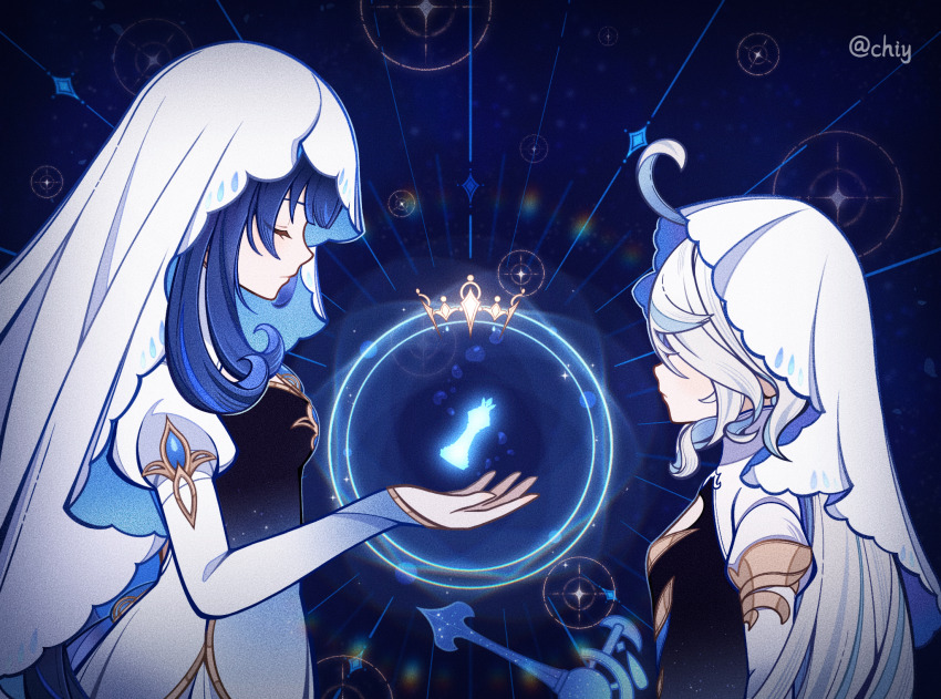 2girls, ahoge, artist_name, blue_hair, chinese_commentary, closed_eyes, dress, egeria_(genshin_impact)