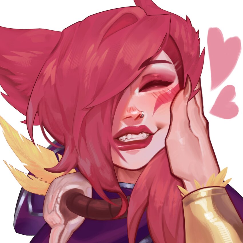 1boy, 1girl, animal_ears, blush, breasts, closed_eyes, facing_viewer, grin, hand_on_another's_cheek, hand_on_another's_face, heart, highres, kisume_to, league_of_legends, long_hair, rakan_(league_of_legends), red_hair, smile, solo_focus, teeth, xayah