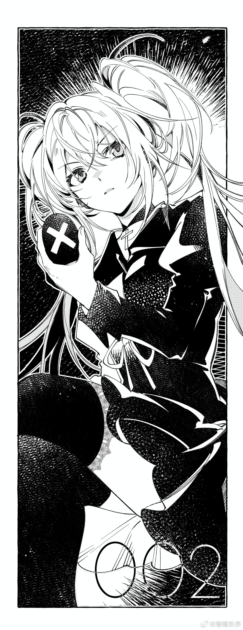 1girl, absurdres, border, egg, expressionless, facing_viewer, hand_up, highres