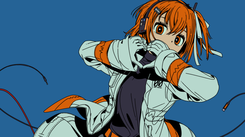 1girl, a.i._voice, absurdres, adachi_rei, belt, blue_background, cable, commentary