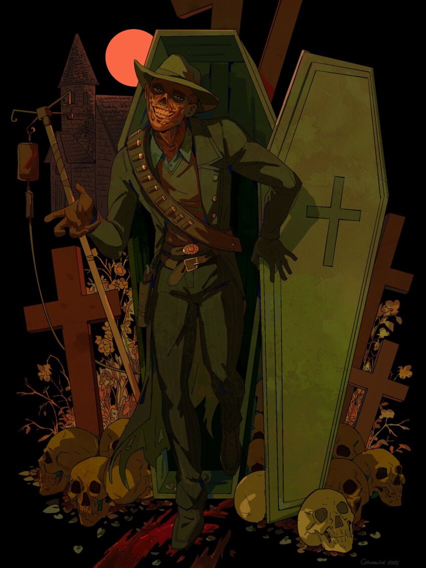 1boy, ammunition, arm_up, bandolier, belt, belt_buckle, black_background, black_pants