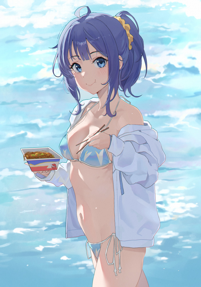 1girl, absurdres, ahoge, bikini, blue_bikini, blue_eyes, blue_hair, breasts, chopsticks, closed_mouth, collarbone, cowboy_shot, food, halterneck, high_ponytail, highres, holding, holding_chopsticks, hood, hoodie, huan_gogo, large_breasts, looking_at_viewer, make_heroine_ga_oo_sugiru!, medium_hair, navel, noodles, ocean, open_clothes, open_hoodie, outdoors, ponytail, scrunchie, side-tie_bikini_bottom, solo, string_bikini, swimsuit, water, white_hoodie, yanami_anna, yellow_scrunchie