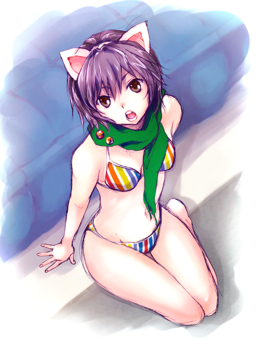 1girl, animal_ears, badge, bikini, brown_eyes, button_badge, cat_ears, fang
