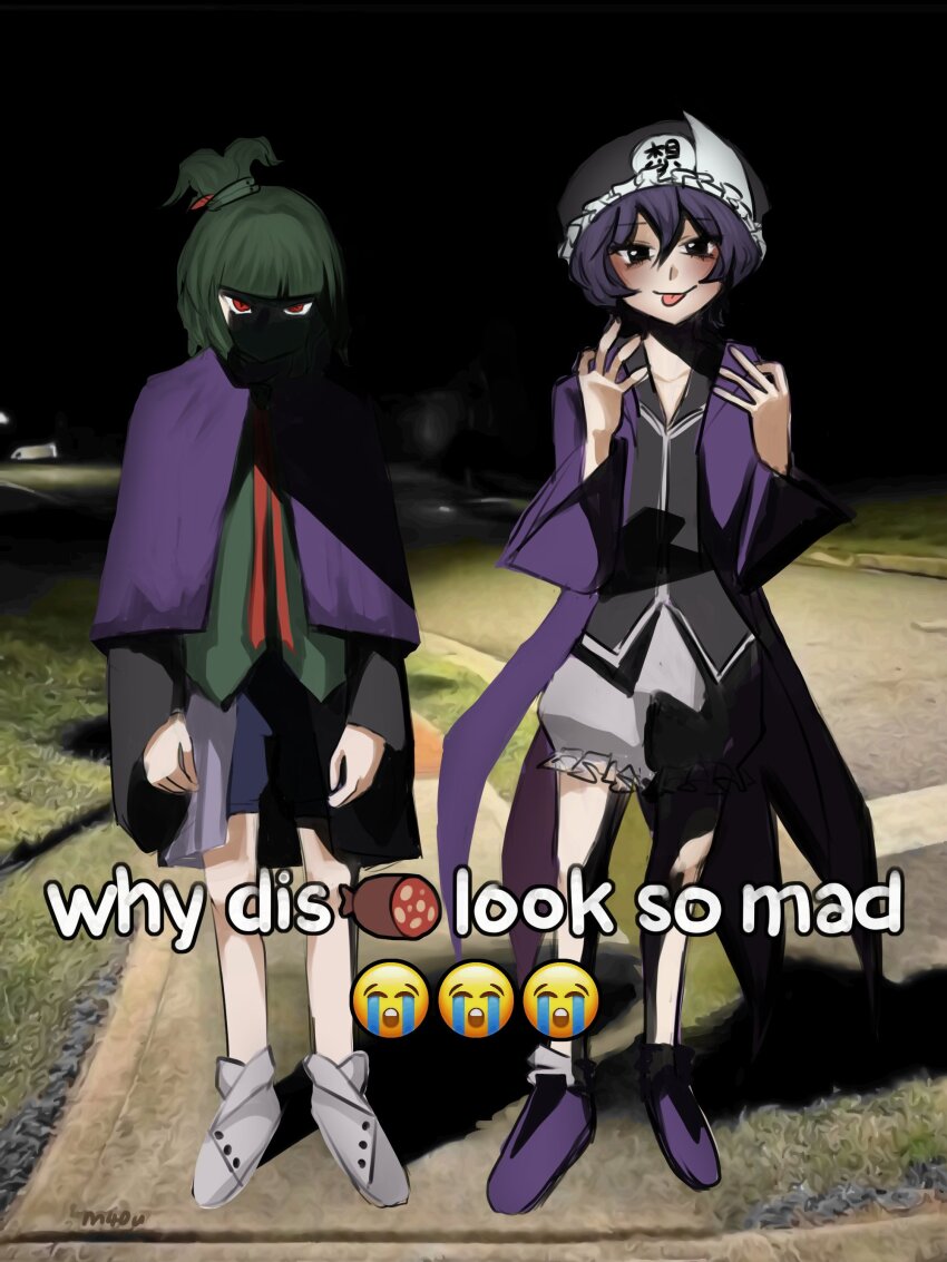 2others, :p, absurdres, adagumo_no_saragimaru, bare_legs, black_eyes, black_hat, black_shirt