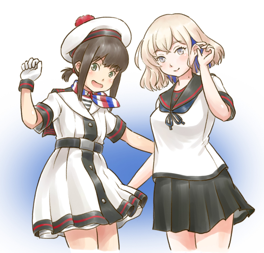 2girls, anchor_symbol, belt, beret, black_belt, black_hair, black_sailor_collar, black_skirt, blonde_hair, blue_hair, breasts, colored_inner_hair, cosplay, costume_switch, dress, fubuki_(kancolle), fubuki_kai_ni_(kancolle), fubuki_kai_ni_(kancolle)_(cosplay), gloire_(kancolle), gloire_(kancolle)_(cosplay), gloves, green_eyes, grey_eyes, hat, highres, kantai_collection, karasu_(naoshow357), low_ponytail, medium_breasts, miniskirt, mole, mole_on_neck, multicolored_hair, multiple_girls, pleated_skirt, ponytail, sailor_collar, school_uniform, serafuku, short_hair, short_ponytail, short_sleeves, sidelocks, skirt, smile, standing, white_dress, white_gloves, white_hat
