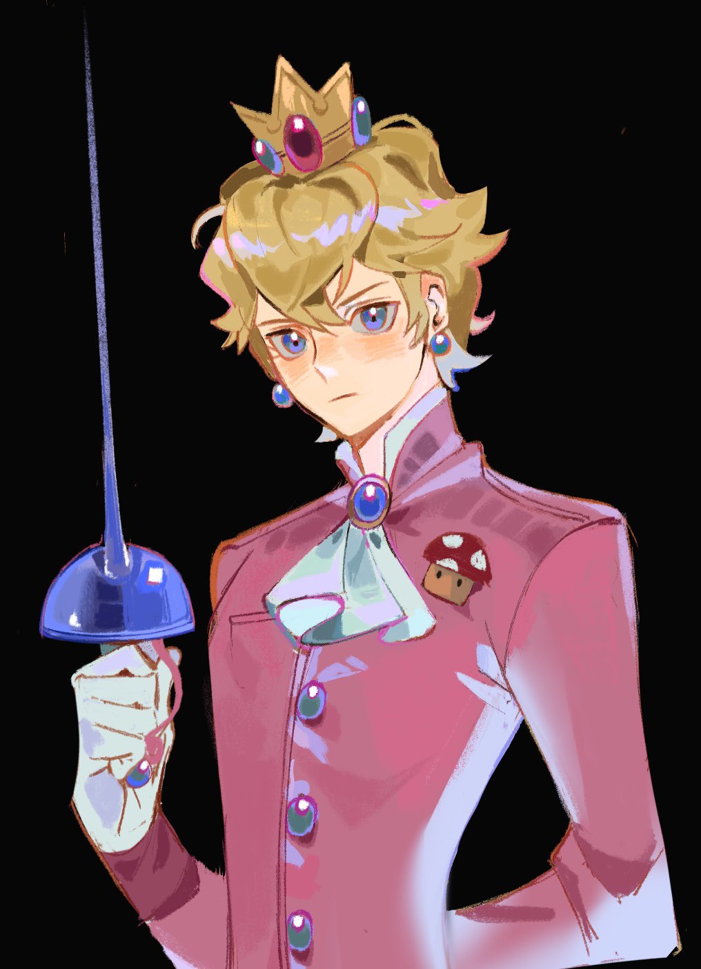 1boy, arm_behind_back, arm_up, ascot, black_background, blonde_hair, blue_eyes, blue_gem