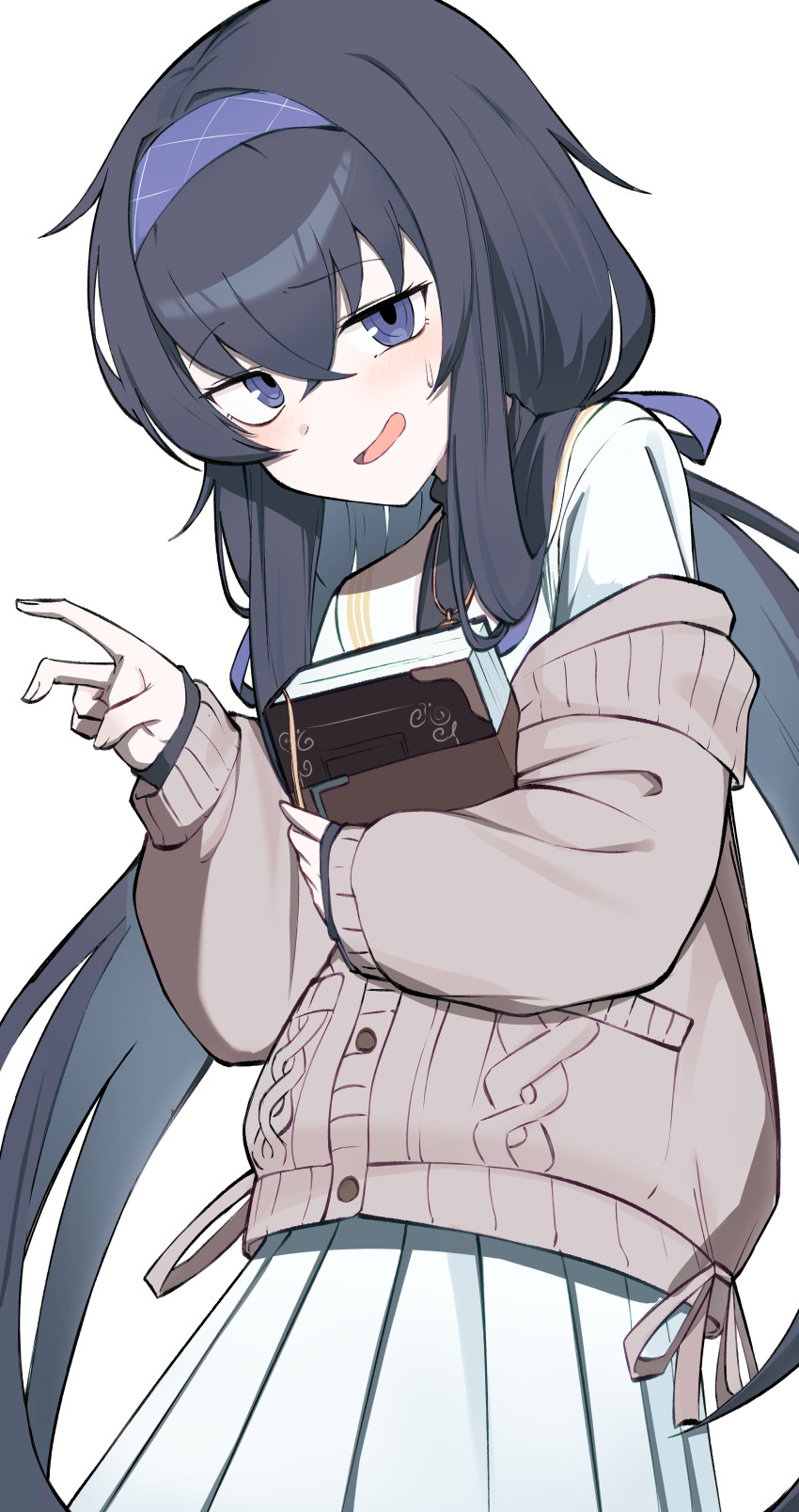 1girl, absurdres, bent_v, black_hair, blue_archive, blush, book, brown_cardigan