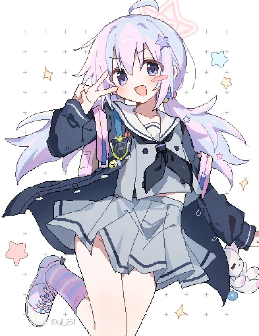 1girl, :d, ahoge, arm_up, artist_name, backpack, bag, black_neckerchief, blue_archive, blue_hair, blue_jacket, blush, blush_stickers, commentary_request, crop_top, gil_(gil_261), grey_serafuku, grey_shirt, grey_skirt, hair_bobbles, hair_ornament, highres, jacket, leg_up, long_hair, long_sleeves, low_twintails, midriff_peek, multicolored_hair, multicolored_socks, neckerchief, open_clothes, open_jacket, open_mouth, pink_bag, pink_shoes, pink_socks, pixel_art, pleated_skirt, purple_eyes, purple_hair, reisa_(blue_archive), sailor_collar, school_uniform, serafuku, shirt, shoes, single_blush_sticker, skirt, smile, sneakers, socks, solo, star_(symbol), star_hair_ornament, striped_clothes, striped_socks, twintails, two-tone_hair, v, v-shaped_eyebrows, v_over_eye, white_sailor_collar
