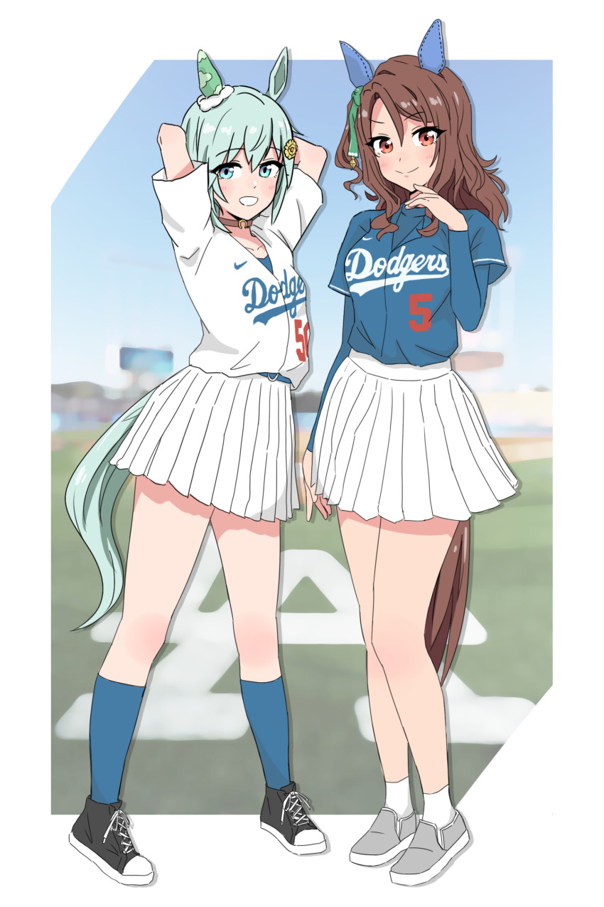 2girls, absurdres, animal_ears, aqua_eyes, baseball_field, black_shoes, blue_shirt, blue_socks