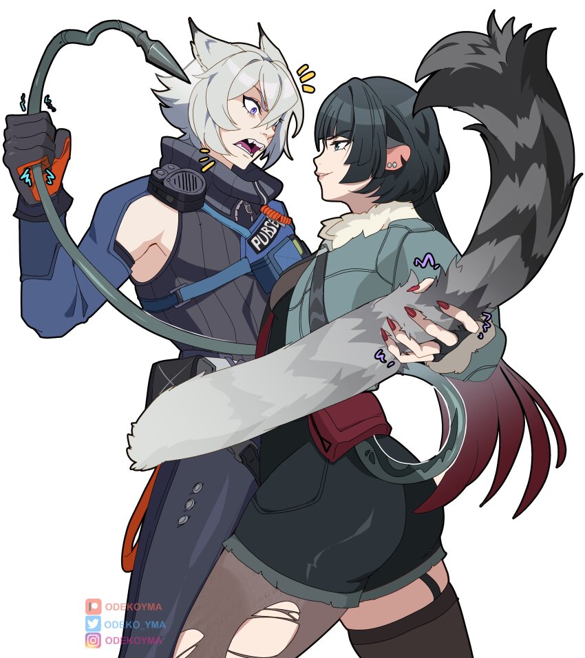 1boy, 1girl, absurdres, black_pantyhose, black_shorts, blunt_bangs, fingernails, fur-trimmed_jacket