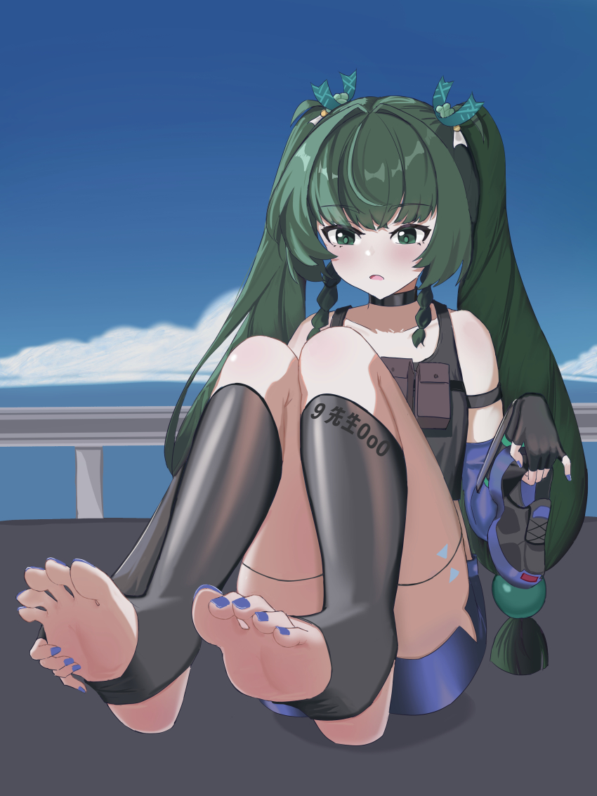 1girl, 9xiansheng0o0, absurdres, barefoot, blue_nails, feet, fingerless_gloves, foot_focus, gloves, green_eyes, green_hair, highres, light_blush, long_hair, nail_polish, parted_lips, qingyi_(zenless_zone_zero), shoes, single_shoe, soles, stirrup_legwear, toeless_legwear, toenail_polish, toenails, toes, twintails, unworn_shoes, zenless_zone_zero