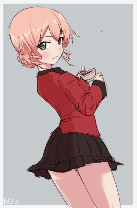 1girl, black_skirt, blonde_hair, braid, cup, drill_hair, from_behind, girls_und_panzer