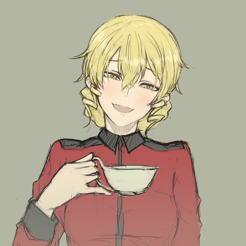 1girl, artist_request, blonde_hair, braid, coffee_mug, cup, drill_hair, girls_und_panzer, girls_und_panzer_little_army, holding, holding_cup, jacket, kilimanjaro_(girls_und_panzer), mityubi, mug, red_jacket, short_bangs, translation_request, west_kureoji_grona_military_uniform, yellow_eyes