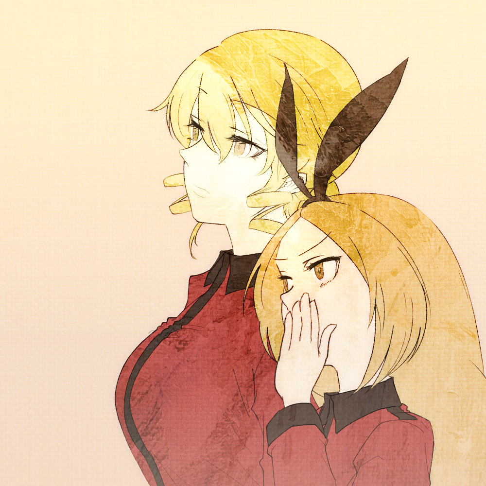 2girls, black_ribbon, blonde_hair, braid, breasts, drill_hair, girls_und_panzer, girls_und_panzer_little_army