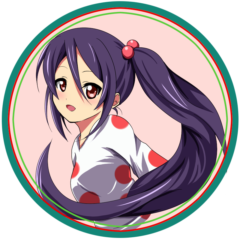 1girl, bad_id, bad_pixiv_id, black_hair, brown_eyes, female_focus, hair_bobbles, hair_ornament, k-on!, kose, listen!!, long_hair, nakano_azusa, polka_dot, side_ponytail, solo