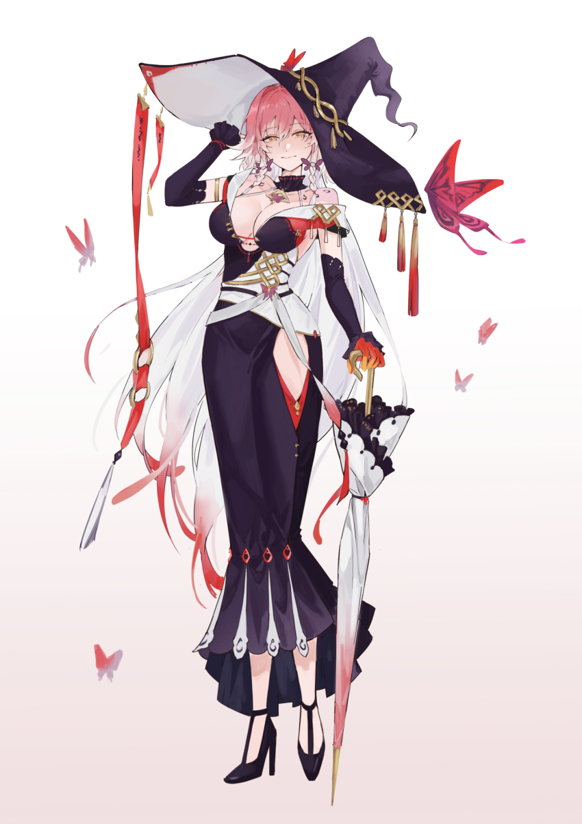 1girl, alternate_costume, bare_shoulders, black_collar, black_dress, black_footwear, black_hat, black_sleeves, body_markings, braid, breasts, bug, butterfly, changli_(wuthering_waves), check_commentary, cleavage, closed_mouth, closed_umbrella, collar, colored_extremities, commentary_request, detached_sleeves, dress, full_body, gradient_background, hair_between_eyes, hair_extensions, hat, high_heels, highres, holding, holding_umbrella, insect, kieed12, large_breasts, large_hat, looking_at_viewer, multicolored_hair, pink_hair, red_butterfly, red_hands, ring_hair_extensions, smile, solo, tacet_mark_(wuthering_waves), tight_clothes, tight_dress, twin_braids, two-tone_hair, umbrella, white_background, white_hair, white_umbrella, witch_hat, wuthering_waves, yellow_eyes