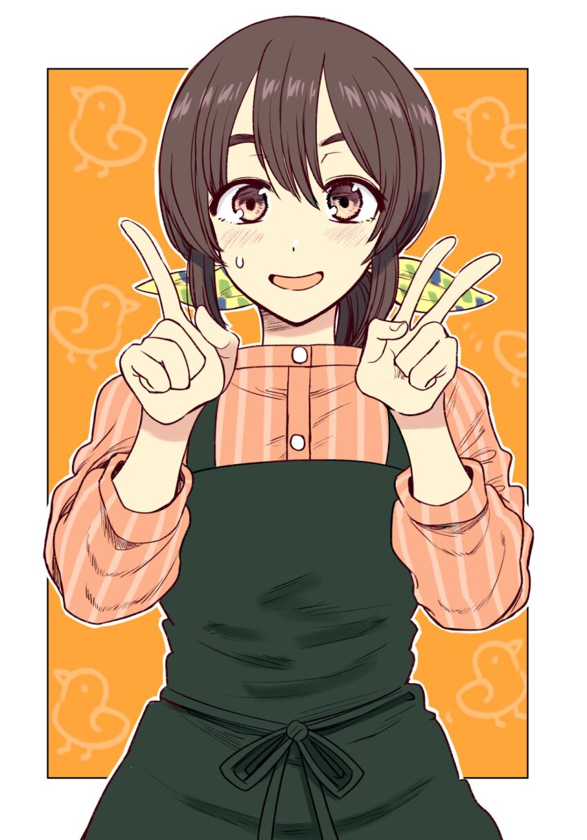 1girl, animal_print, apron, bird_print, bonkara_(sokuseki_maou), brown_eyes, brown_hair, commentary, dress_shirt, green_apron, hair_ribbon, hands_up, highres, index_finger_raised, kuchibeta_shokudou, kuchinashi_hiyono, long_sleeves, looking_at_viewer, nervous_smile, official_art, open_mouth, orange_background, ribbon, shirt, smile, solo, straight-on, striped_clothes, striped_shirt, upper_body, v, vertical-striped_clothes, vertical-striped_shirt
