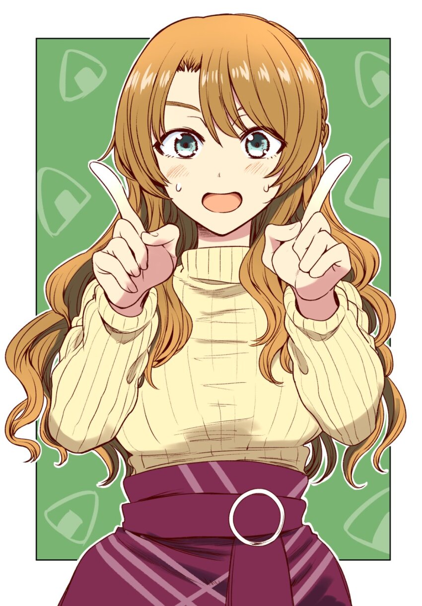 1girl, aqua_eyes, blush, bonkara_(sokuseki_maou), commentary, food_print, green_background, hands_up