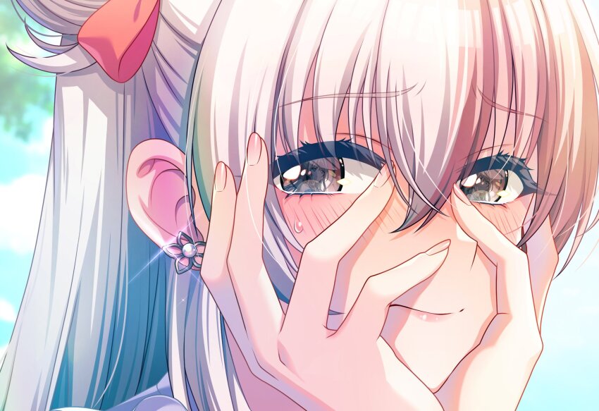 2girls, bare_arms, blurry, blurry_background, blush, closed_mouth, d4dj, game_cg