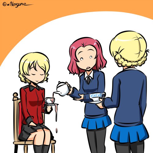 3girls, black_necktie, black_pantyhose, black_skirt, black_socks, blonde_hair, blue_skirt, blue_sweater, braid, breasts, chair, commentary_request, cup, darjeeling_(girls_und_panzer), drill_hair, from_behind, girls_und_panzer, girls_und_panzer_little_army, holding, holding_cup, jacket, kilimanjaro_(girls_und_panzer), kneehighs, kogane_(staygold), lowres, multiple_girls, necktie, on_chair, one-hour_drawing_challenge, pantyhose, pink_hair, red_jacket, rosehip_(girls_und_panzer), school_uniform, shirt, signature, sitting, skirt, socks, spilling, st._gloriana's_school_uniform, sweater, teapot, twitter_username, west_kureoji_grona_military_uniform, white_shirt