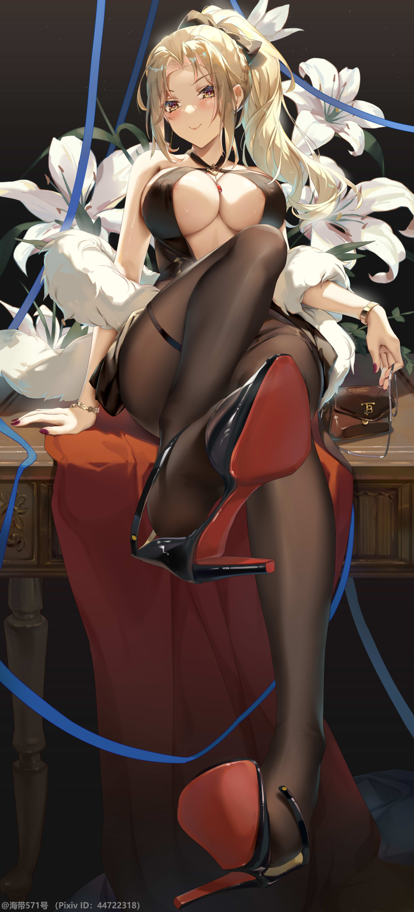 1girl, absurdres, areola_slip, blonde_hair, blush, breasts, crossed_legs, dress