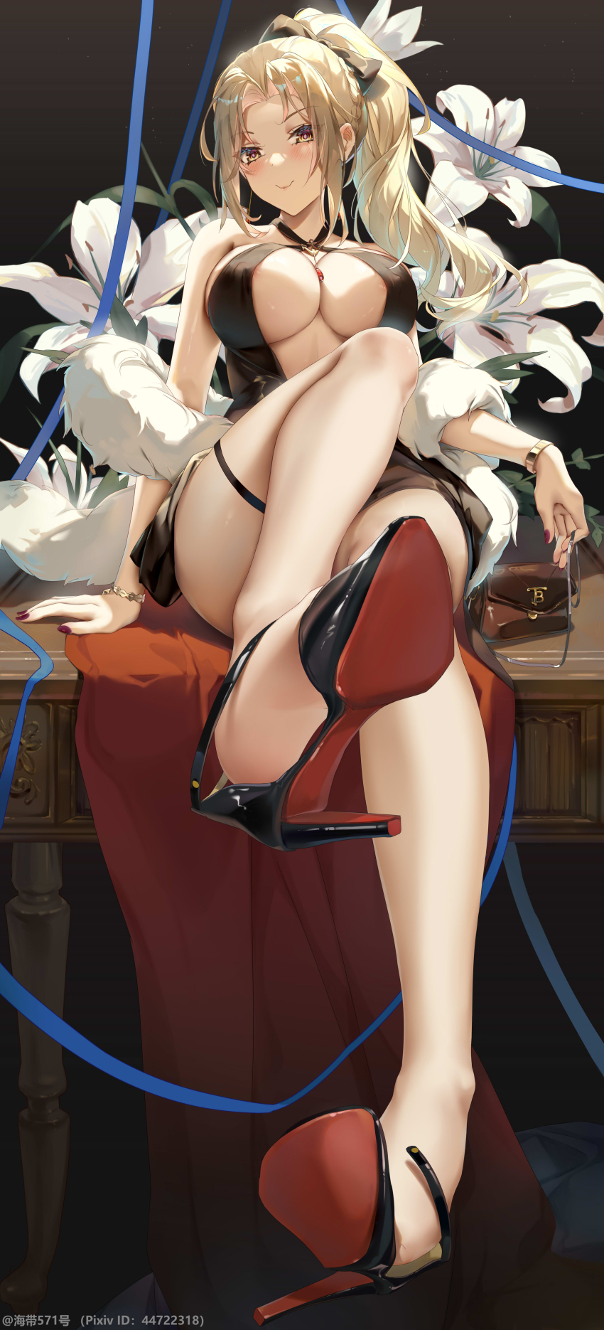 1girl, absurdres, areola_slip, barefoot, blonde_hair, blush, breasts, crossed_legs