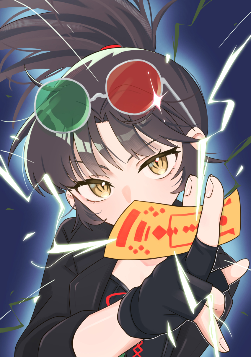 1girl, absurdres, an-an_lee, between_fingers, black_gloves, black_hair, black_jacket, black_shirt