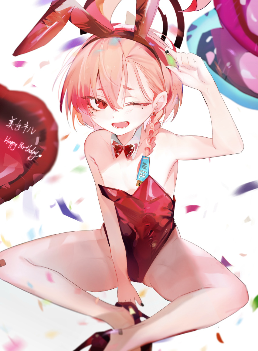 1girl, absurdres, ahoge, anhyo, animal_ears, asymmetrical_hair, bandaid, bandaid_on_knee, bandaid_on_leg, bare_legs, black_halo, black_nails, blue_archive, blurry, bow, bowtie, braid, character_name, confetti, depth_of_field, detached_collar, fake_animal_ears, fang, halo, happy_birthday, highres, huge_ahoge, indian_style, leotard, mole, mole_under_each_eye, mole_under_eye, multiple_moles, neru_(blue_archive), neru_(bunny)_(blue_archive), official_alternate_costume, one_eye_closed, open_mouth, orange_hair, oversized_breast_cup, playboy_bunny, rabbit_ears, red_bow, red_bowtie, red_eyes, red_leotard, short_hair, single_braid, sitting, solo, strapless, strapless_leotard, tag